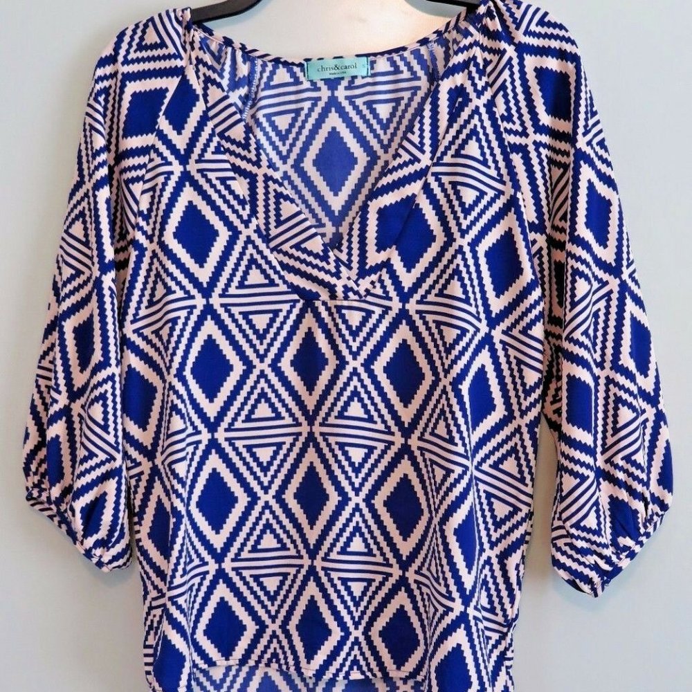 CHRIS & CAROL Deep Purple & Tan V-Neck Hi-Lo Blouse Size S Made in USA